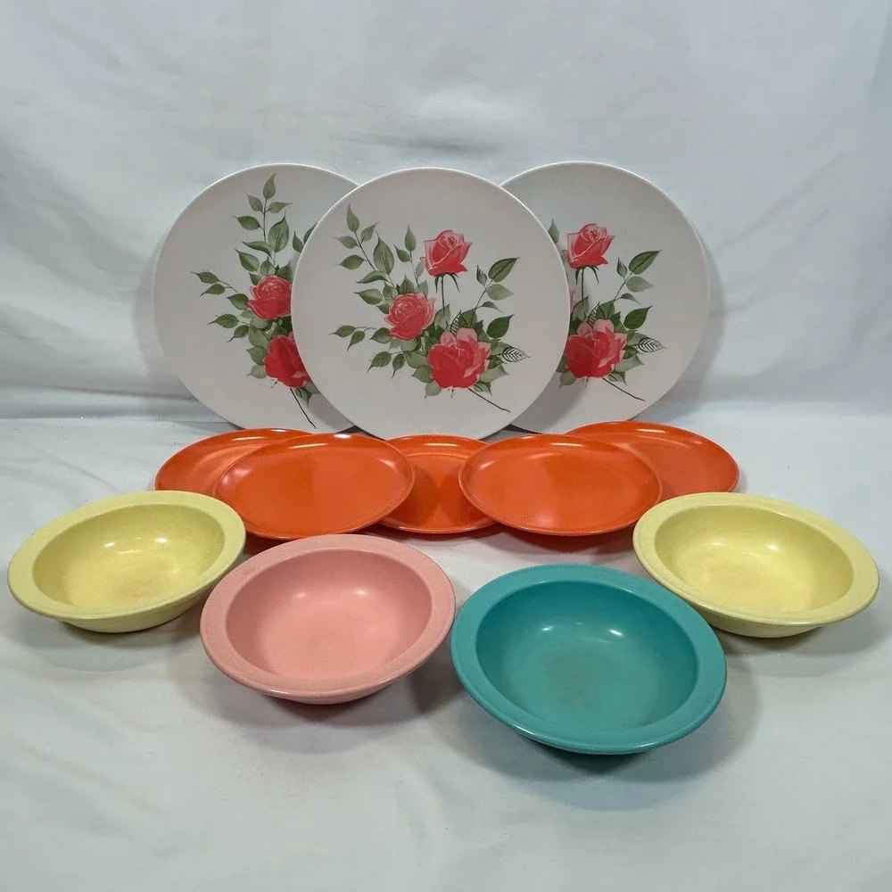 Vintage Dish Set Bowl Plate Melamine PROLON Ware Melmac MCM 1950s 1960s Floral